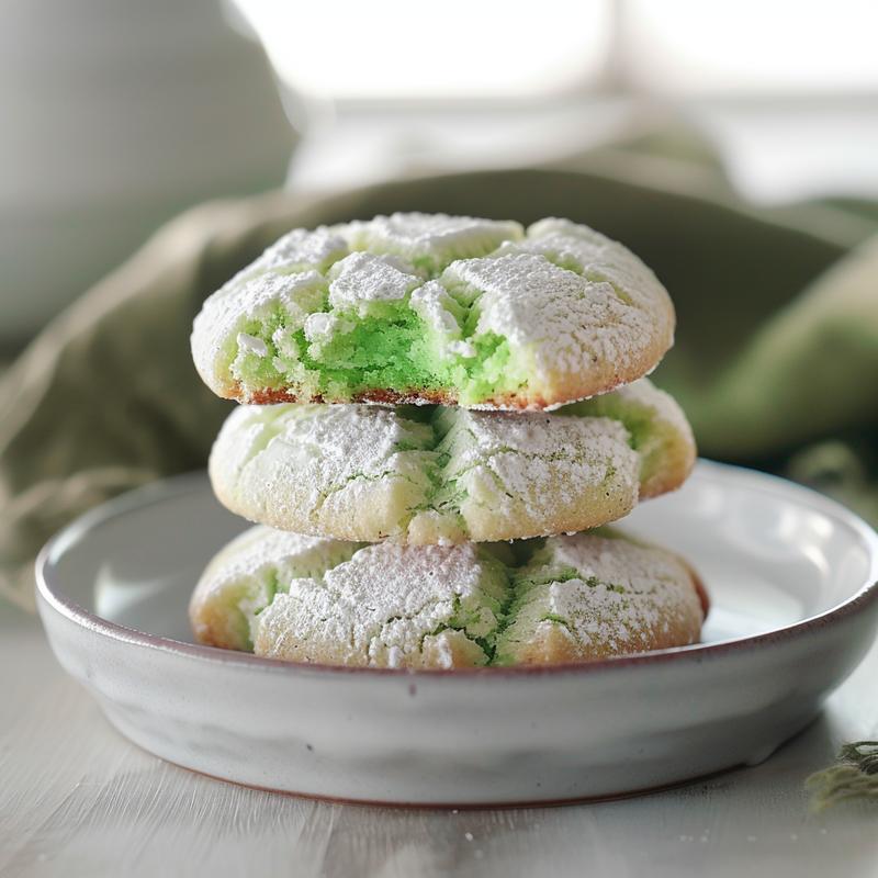 Stack of three green crinkle cookies on a light grey plate.