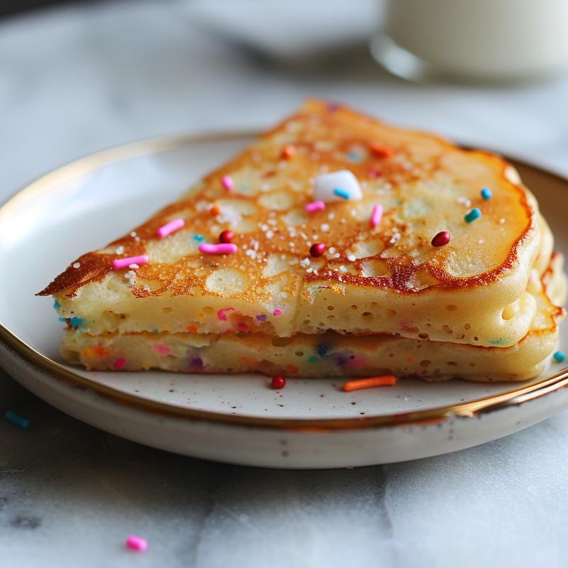 Close-up of a slice of colorful funfetti pancake on a white plate.