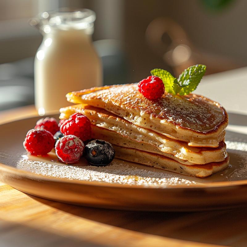 Close-up of heart-shaped pancakes with berries on a plate.