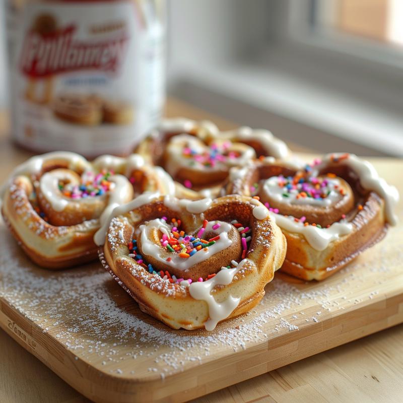 Close-up of heart-shaped cinnamon roll waffles with frosting and sprinkles on a light wood board.