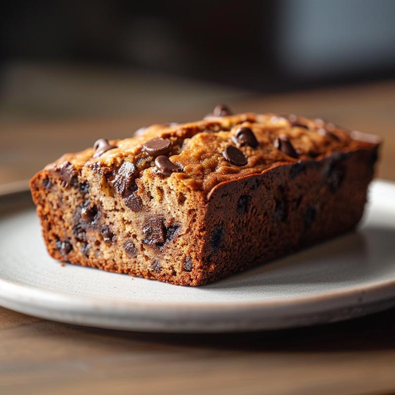 A close-up shot of a slice of chocolate chip banana bread on a light grey plate, showcasing its texture.