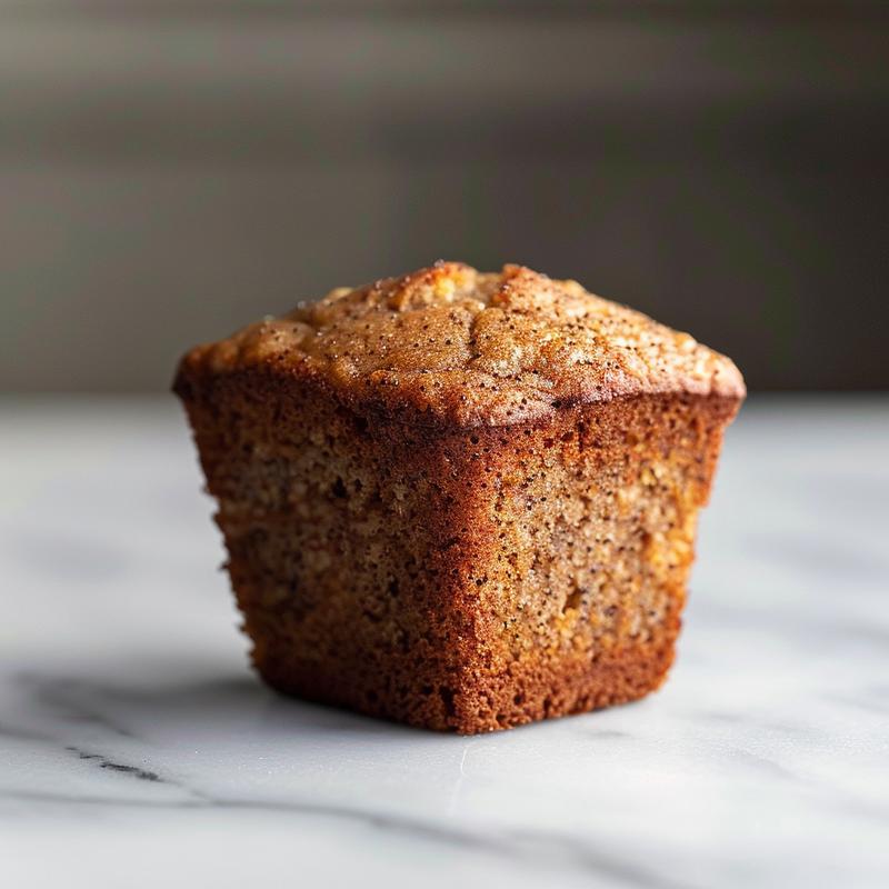 A close-up view of a banana bread muffin on a white marble surface, showcasing its texture and crumb.