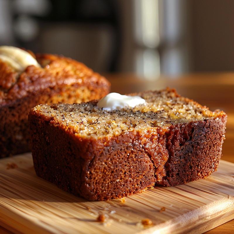 A close-up of a moist slice of banana bread with sour cream on a light wood board, showcasing its texture.