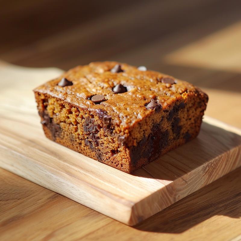 Close-up of a slice of pumpkin chocolate chip banana bread on a light wood board.
