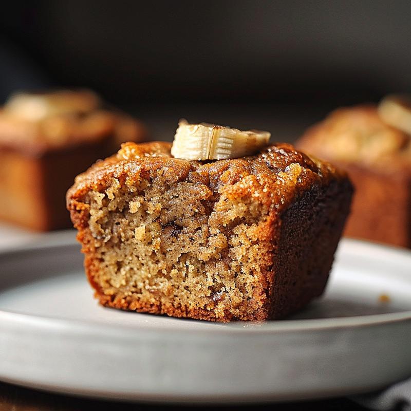 Close-up of gluten free banana bread muffins on a light grey ceramic plate.