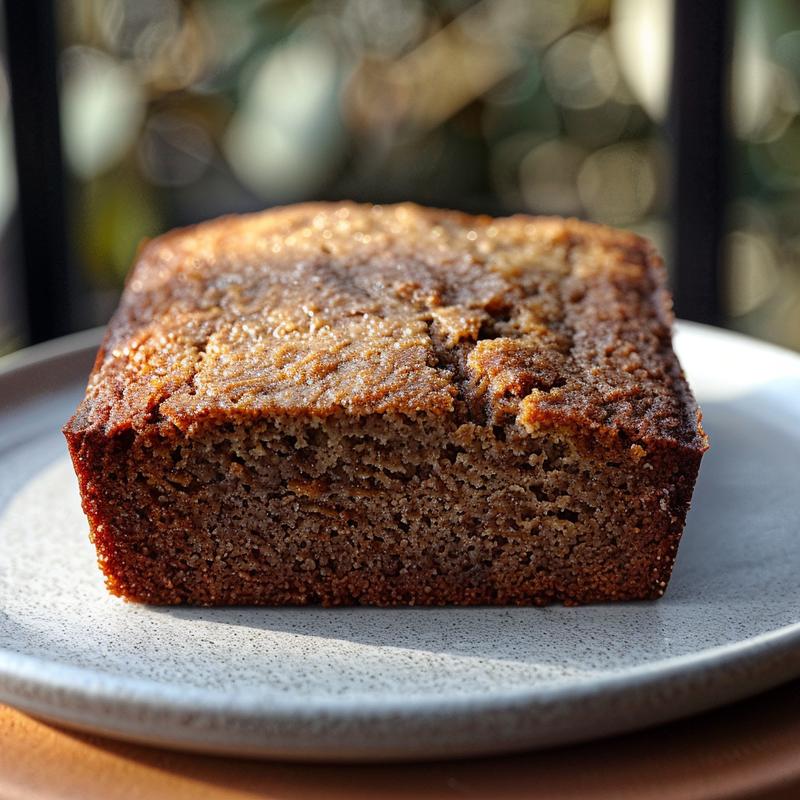 Close-up image of a slice of flourless banana bread on a light grey ceramic plate, showcasing its texture and rich color.