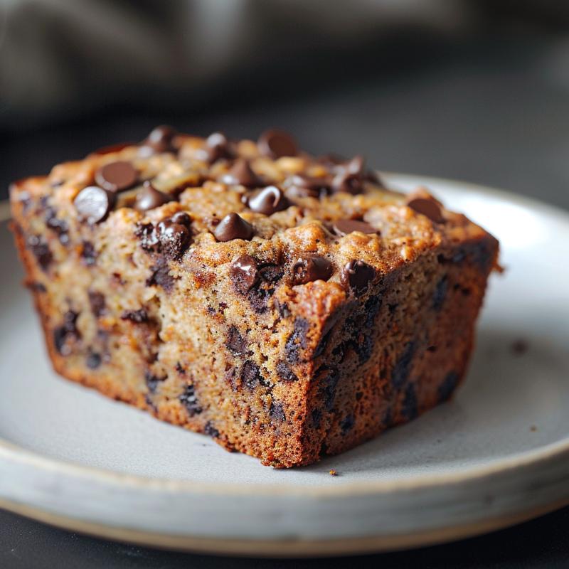 A close-up view of a slice of healthy chocolate chip banana bread on a grey ceramic plate.