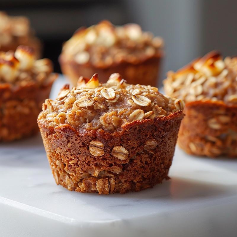 Close-up of healthy banana oatmeal muffins on a white marble surface, showcasing their texture.