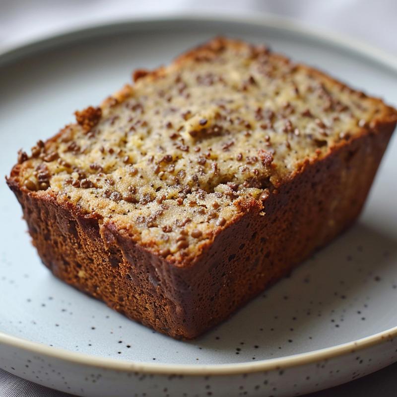 Close-up of a slice of low calorie banana bread on a light grey plate, showcasing its texture and details.
