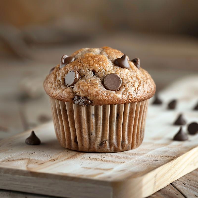 A close-up view of banana chocolate chip muffins on a wood board, showcasing their texture and details.