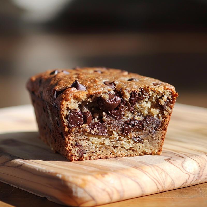 Close-up view of a slice of sourdough chocolate chip banana bread on a wooden board.