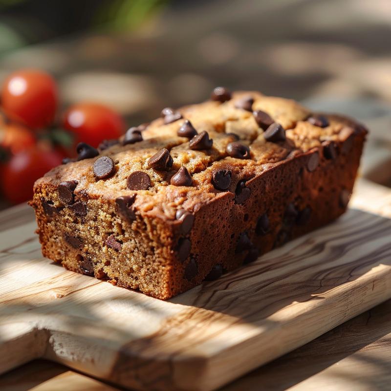 Close-up of a slice of high protein banana bread with chocolate chips on a wooden board.