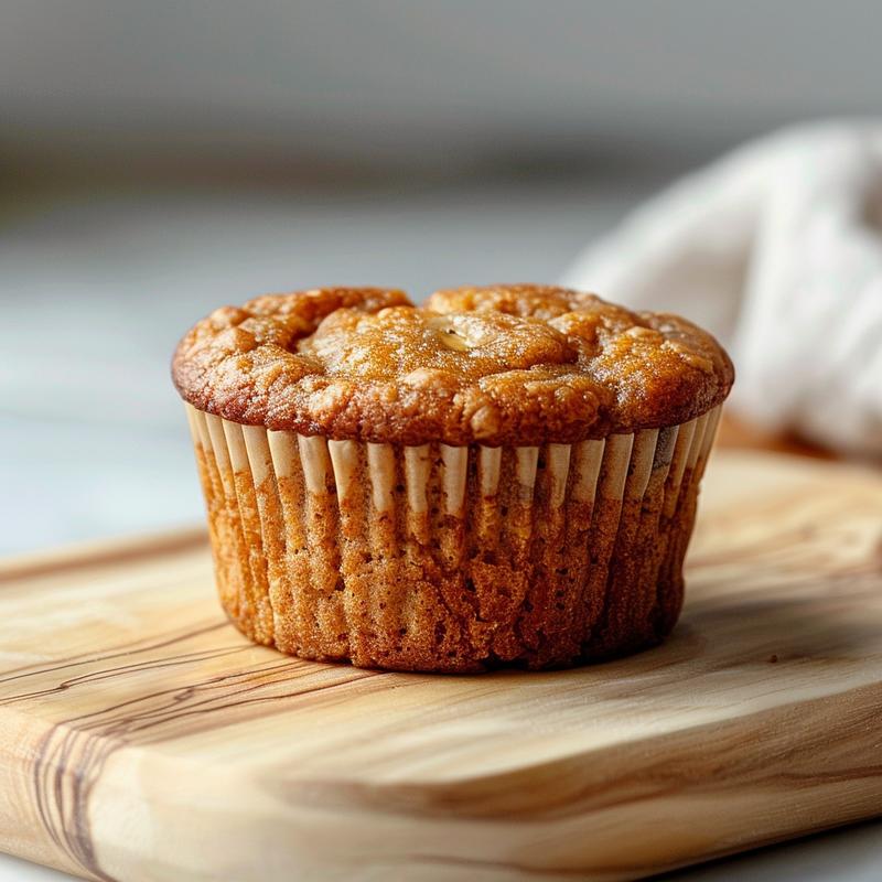 Close-up of a golden-brown low carb keto banana muffin on a light wood board.