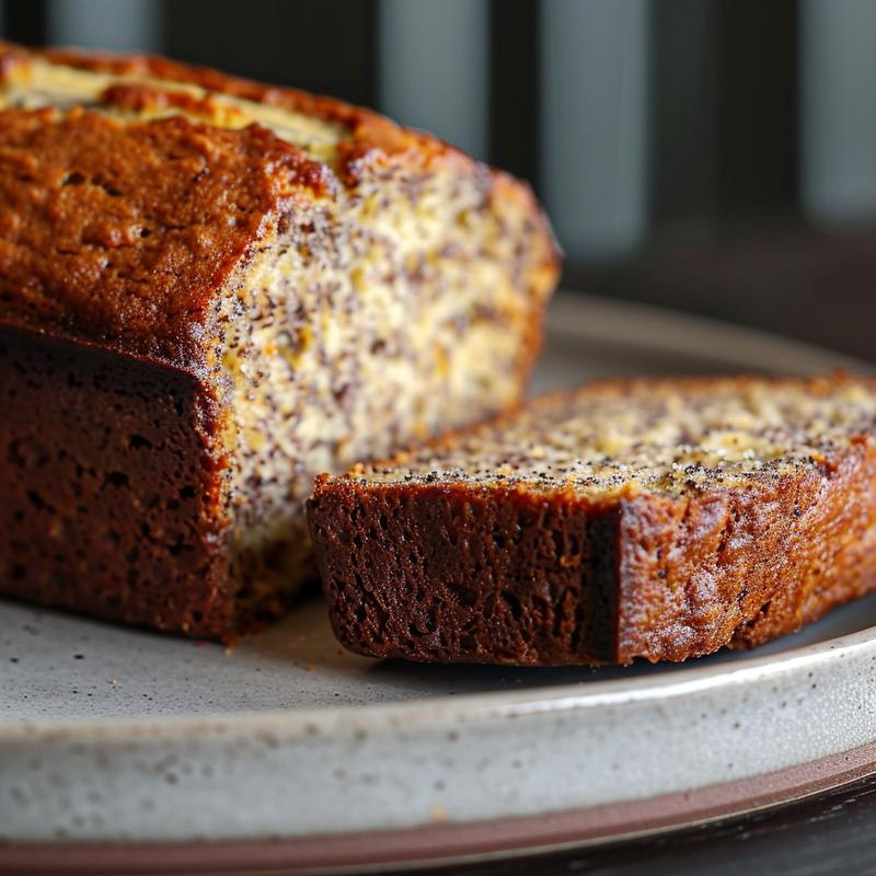 Close-up of a slice of banana bread with oil on a light grey ceramic plate.