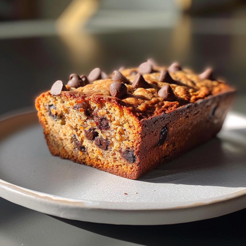 Close-up of a slice of sourdough banana bread with chocolate chips on a light grey ceramic plate.