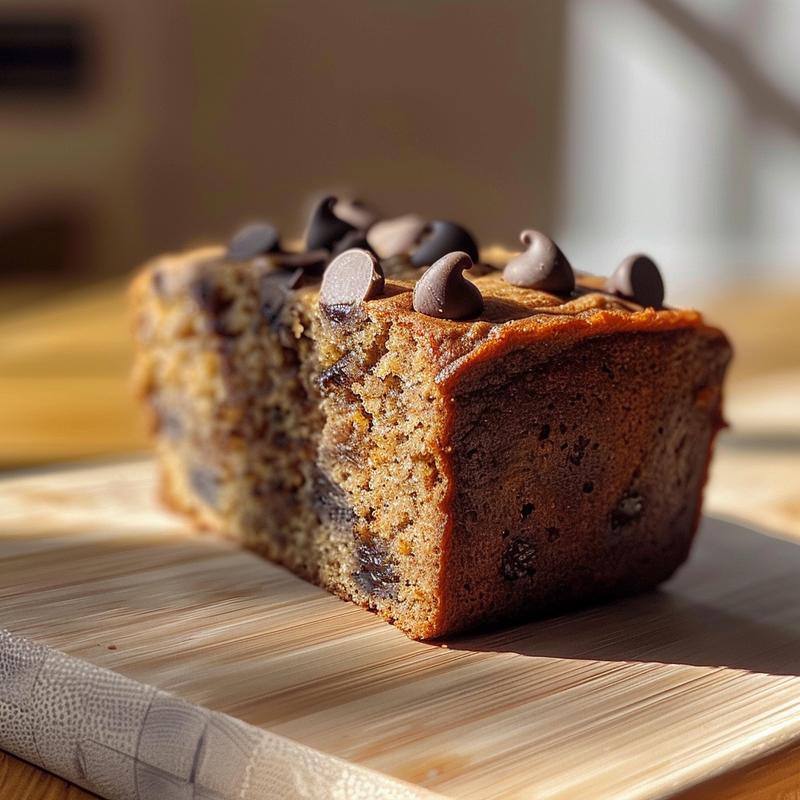 Close-up of a moist slice of banana bread with chocolate chips, set on a light wood board.