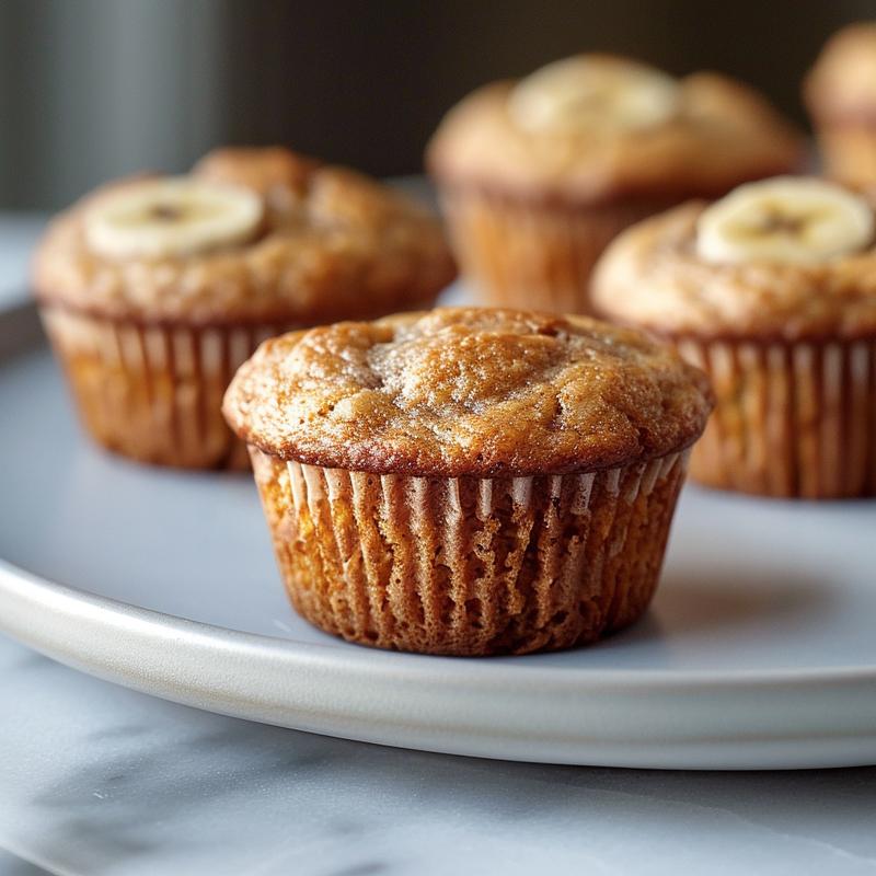 Close-up of Greek yogurt banana muffins on a light grey plate.