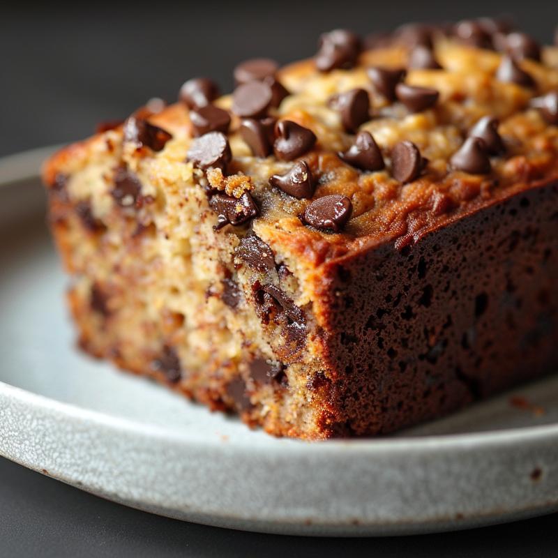 Close-up of a slice of brown butter chocolate chip banana bread on a light grey plate.
