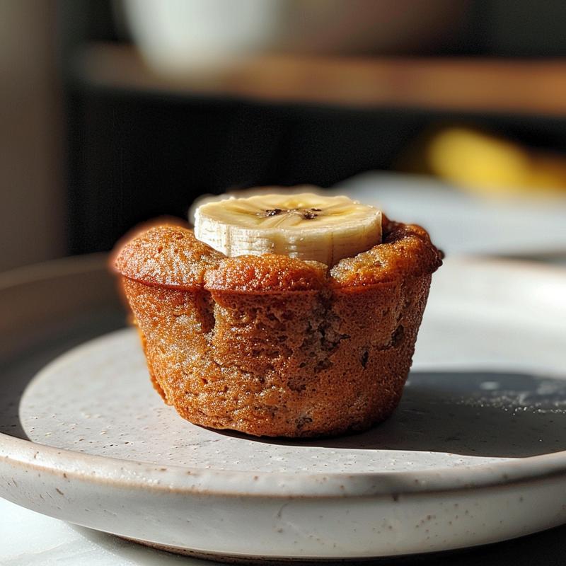 A close-up of mini banana muffins on a light grey ceramic plate, showcasing their texture and golden-brown tops.