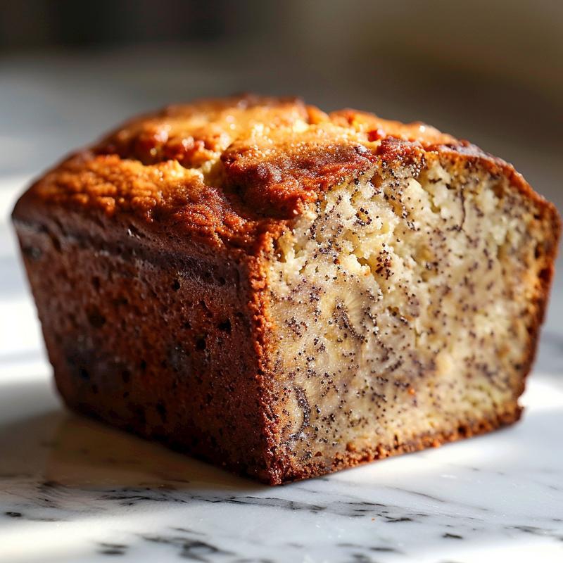 Close-up of a slice of 3-ingredient banana bread on a white marble surface.