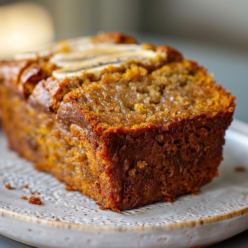 Close-up of a slice of brown butter pumpkin banana bread on a light grey plate.