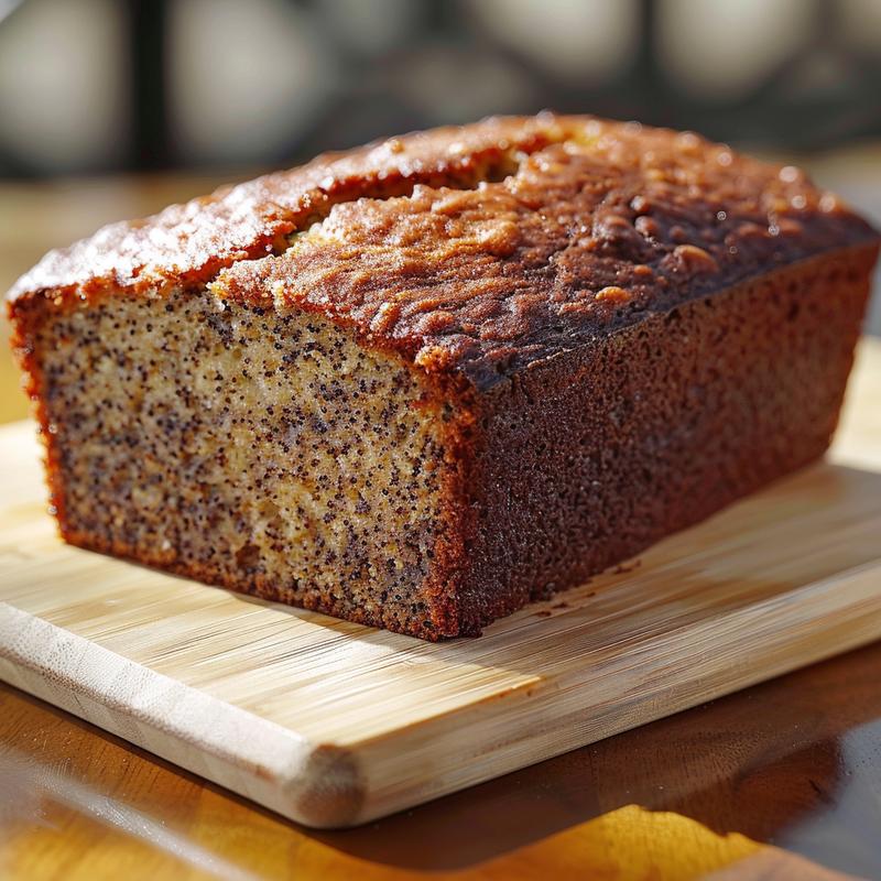 Close-up of a slice of banana bread with a smooth texture on a wooden board.