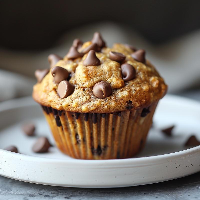 Close-up of a brown butter banana chocolate chip muffin on a light grey plate, showcasing its texture.