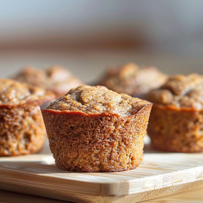A close-up of a golden brown banana bread muffin on a light wood board, showcasing its texture.