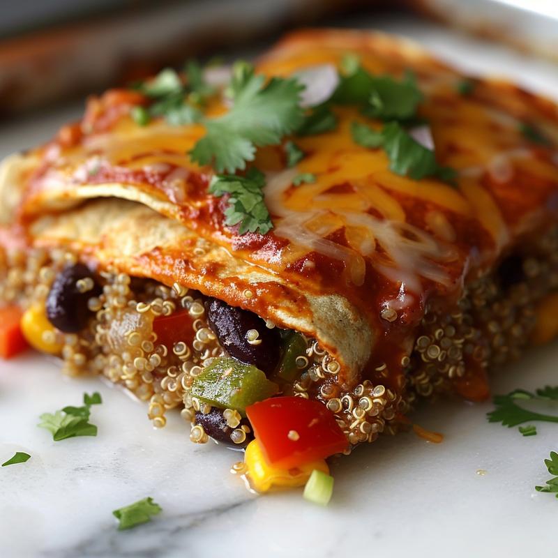 Close-up of a vibrant Mexican quinoa enchilada bake.