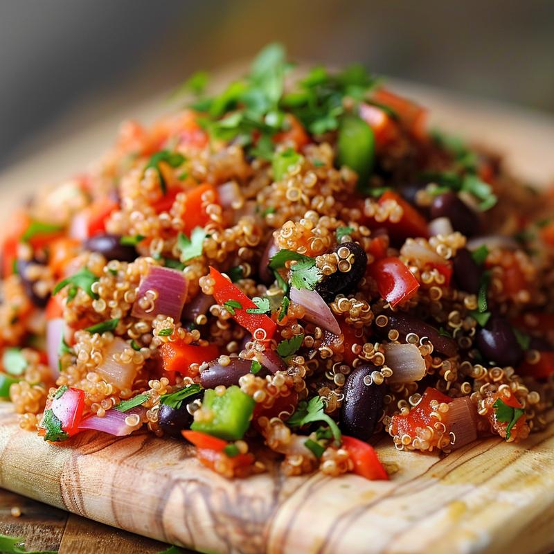 Close-up of vibrant Mexican quinoa with visible vegetables on wood.