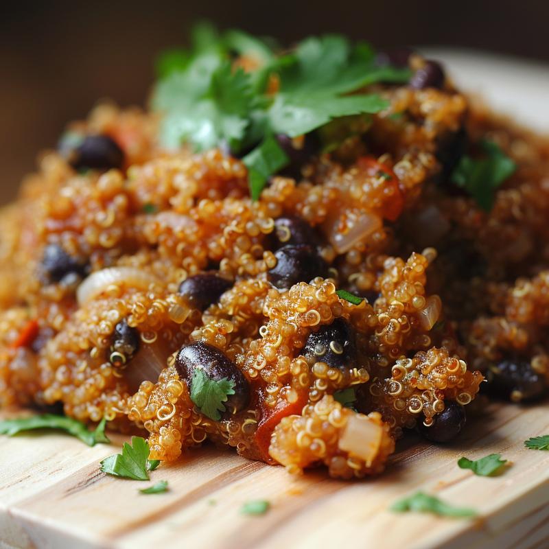Close-up of a vibrant Mexican quinoa casserole on a light wood board.