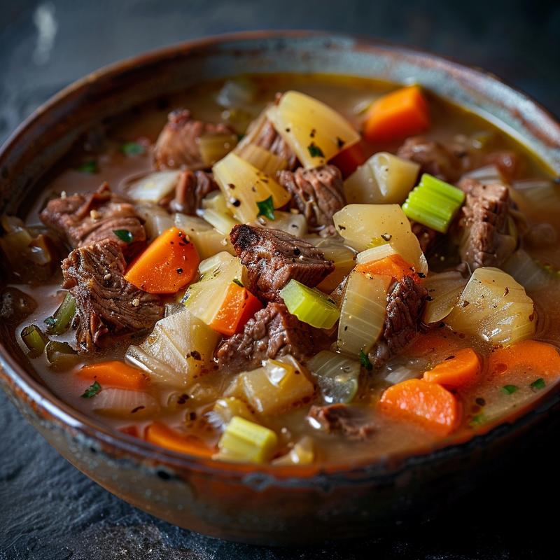 Close-up of corned beef and cabbage chowder in a bowl, dimly lit.
