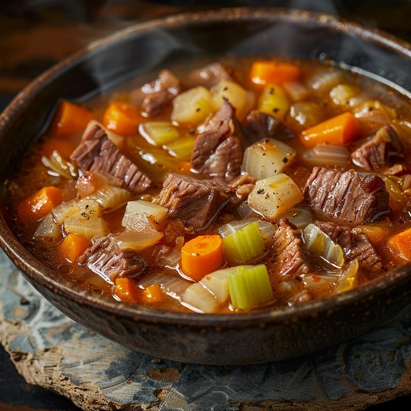 Close-up of corned beef and cabbage soup in a bowl.
