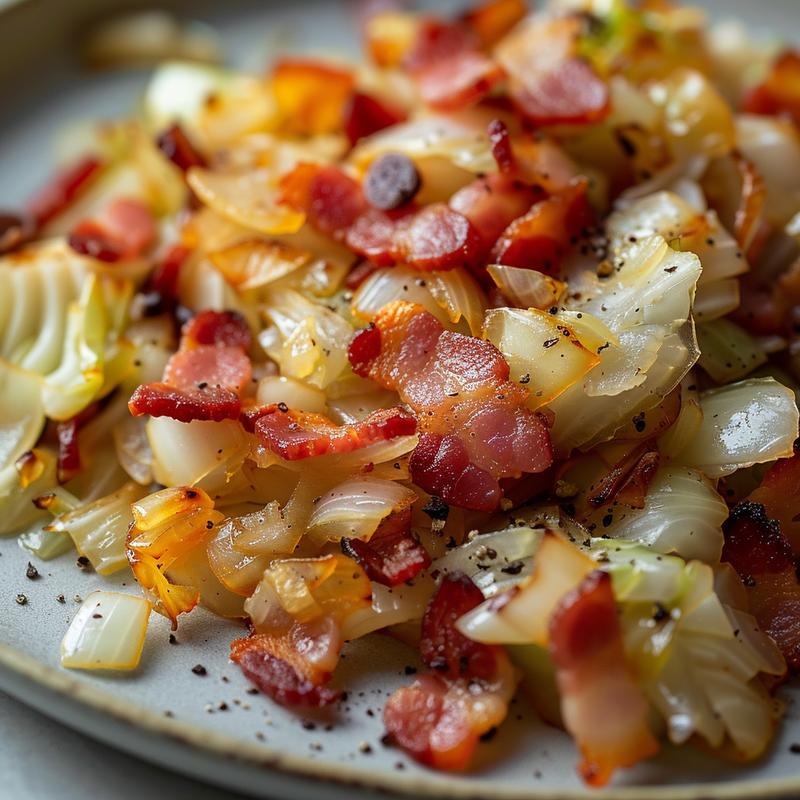 Close-up of turkey bacon and shredded cabbage on a grey plate.