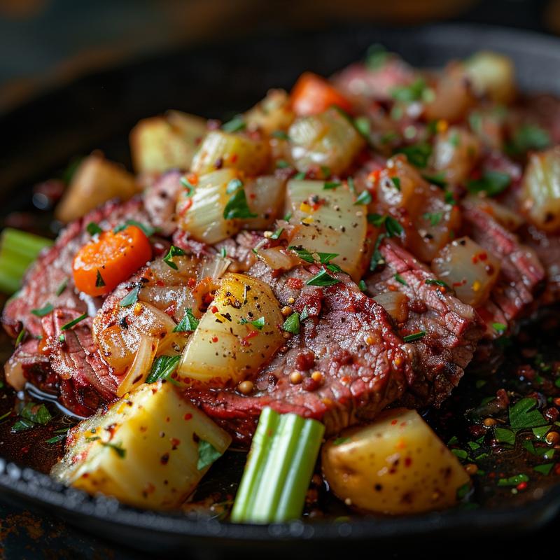 Close-up of corned beef and cabbage on a dark surface.