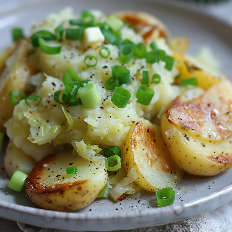 Close-up of creamy white colcannon with visible green cabbage and scallions on a gray plate.