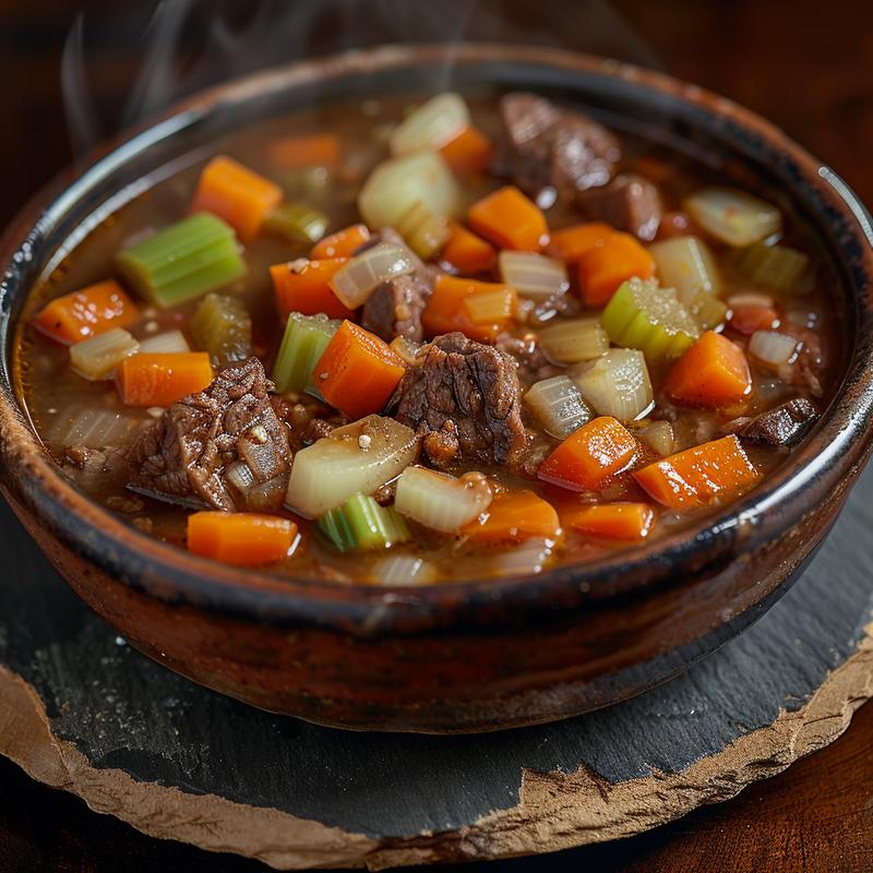 Close-up of steaming corned beef vegetable soup in a slate bowl.