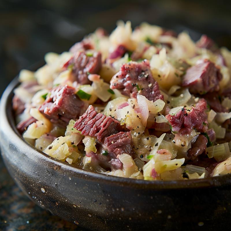 Close-up of corned beef and cabbage casserole with visible ingredients.