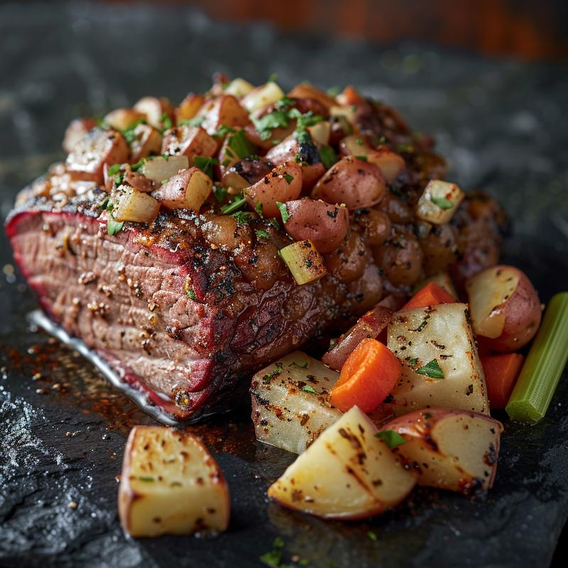 Close-up of corned beef and cabbage with visible ingredients.