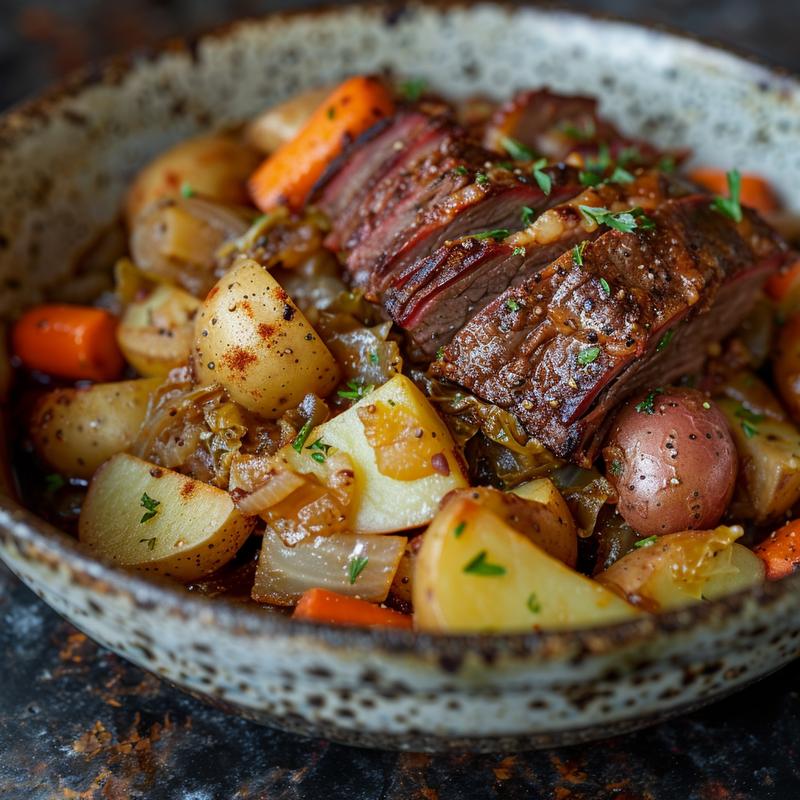 Close-up of corned beef and cabbage with root vegetables.