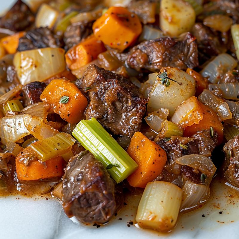 Close-up of Tuscan beef casserole with vegetables on marble.