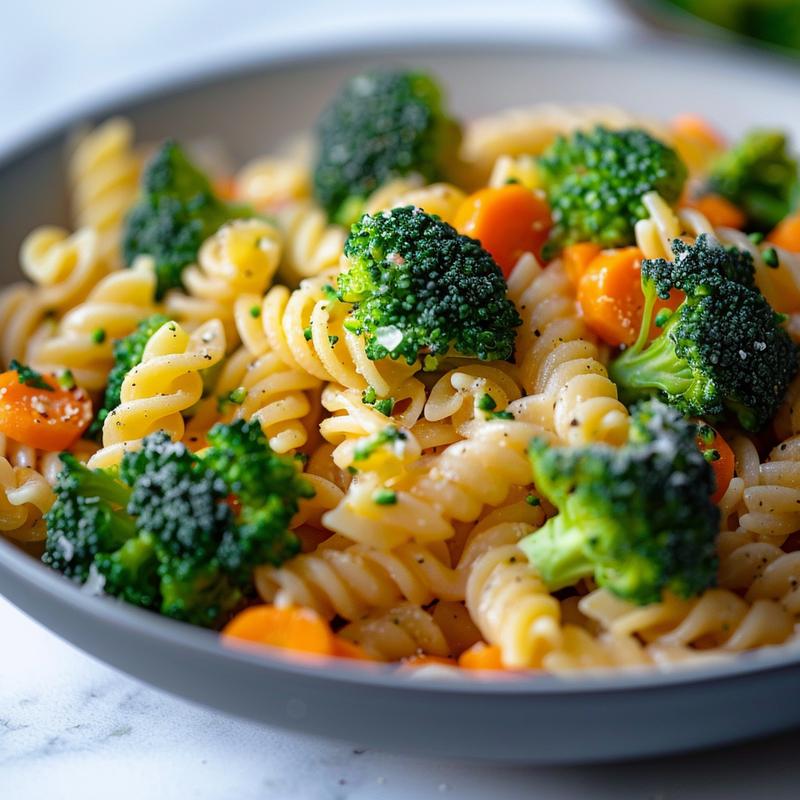Close-up of pasta primavera with broccoli, carrots, and garlic.