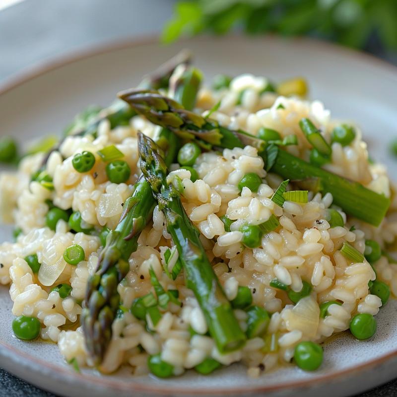 Close-up of creamy green risotto with visible asparagus and peas.