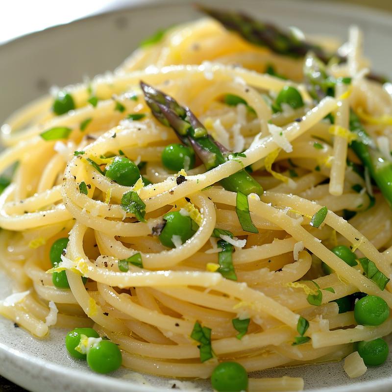 Close-up of lemon herb pasta with asparagus and peas on a light gray plate.