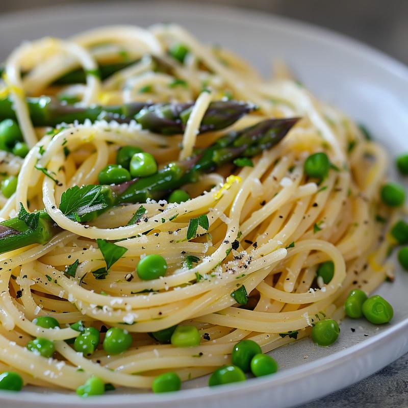 Close-up of lemon herb pasta with asparagus and peas on a light grey plate.