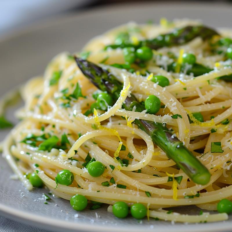 Close-up of lemon herb pasta with asparagus and peas on a light grey plate.