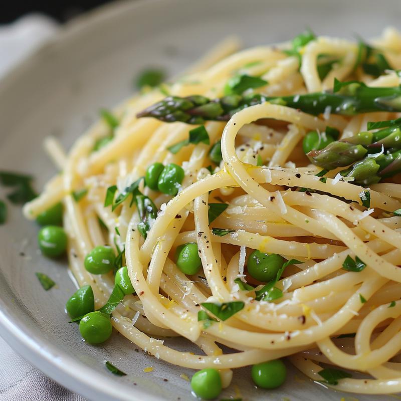 Close-up of lemon herb pasta with asparagus and peas on a light grey plate.