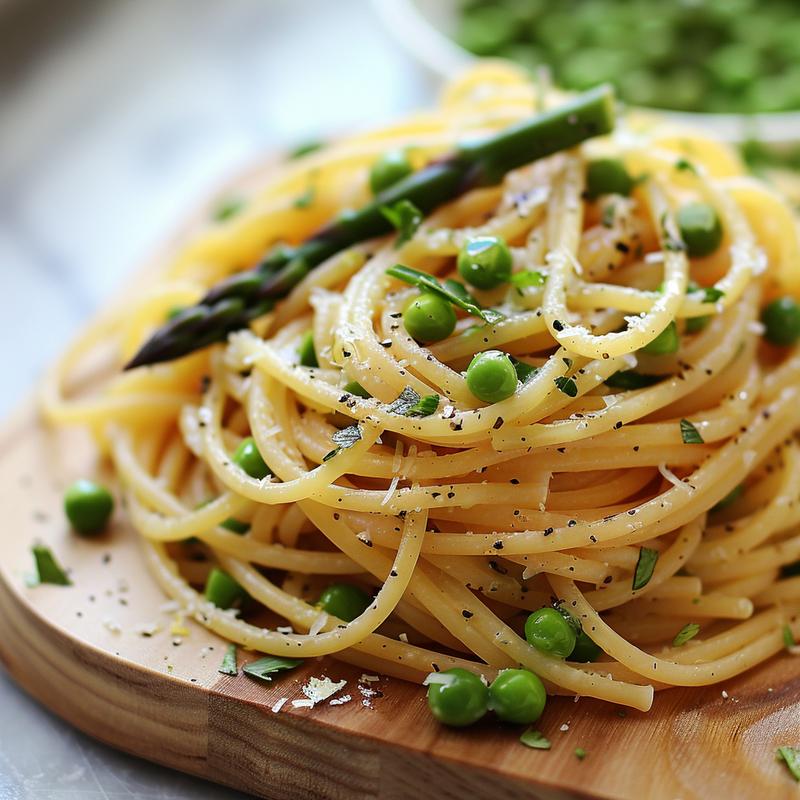 Close-up of lemon herb pasta with asparagus and peas.