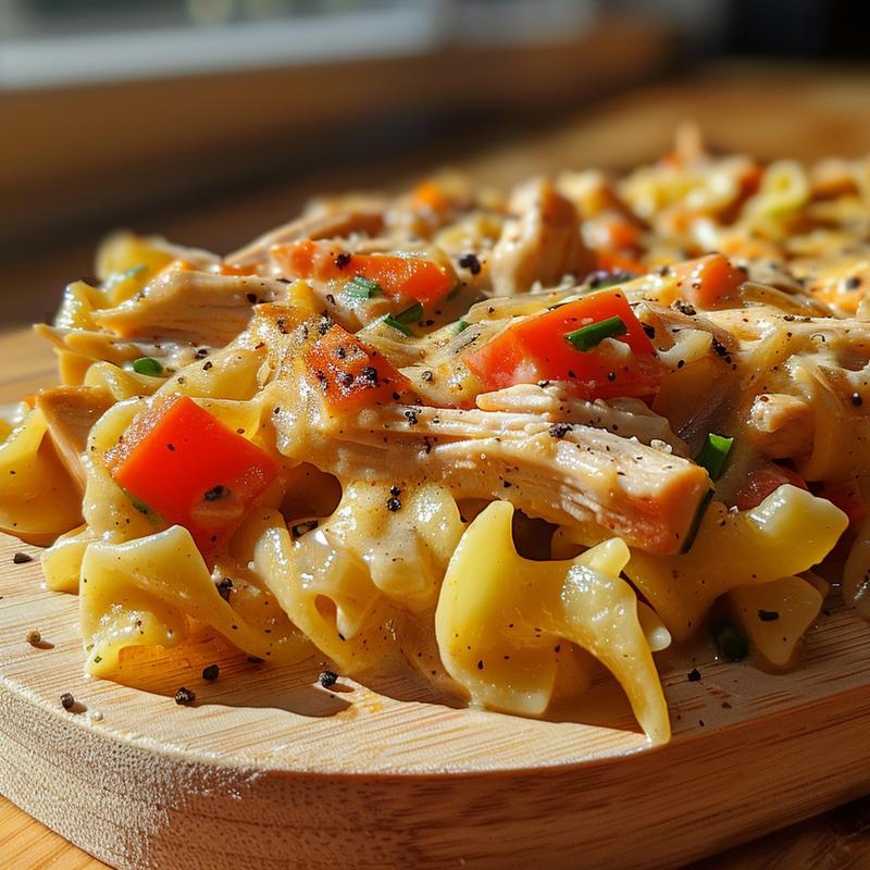 Close-up of chicken noodle casserole with visible noodles, chicken, and vegetables on a light wood board.