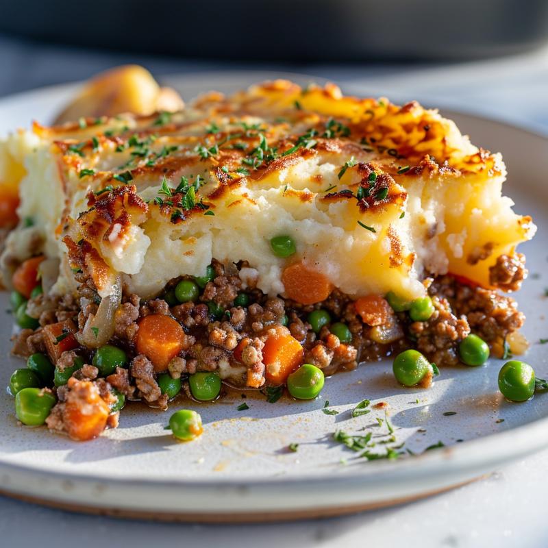 Close-up of Shepherd's Pie slice, showing layers of meat, vegetables, and mashed potatoes.